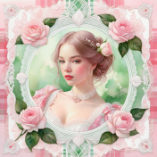 Pink Plaid square with lady and roses-2