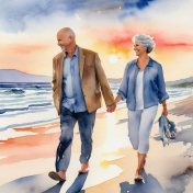 Watercolor older couple strolling the beach