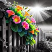 Neon flowers on fence 