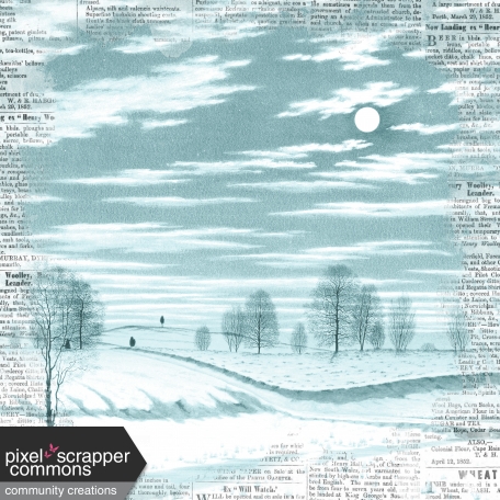 Winter Scene in Moonlight - Blue Newsprint