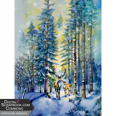 Watercolor Snowy Winter Deer Scene, 9"x12"