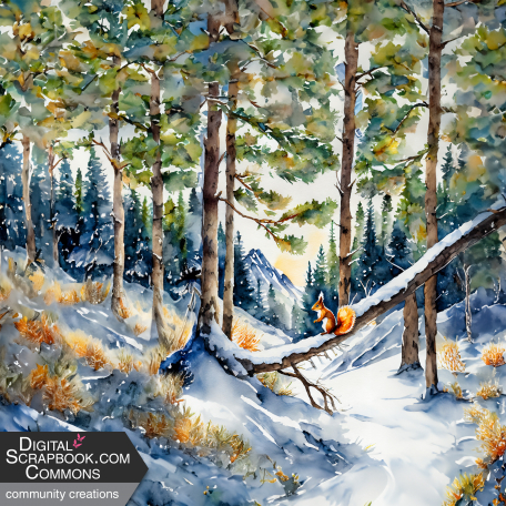 Watercolor Snowy Winter Squirrel Scene Background Paper