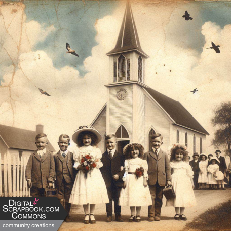 Vintage church and children