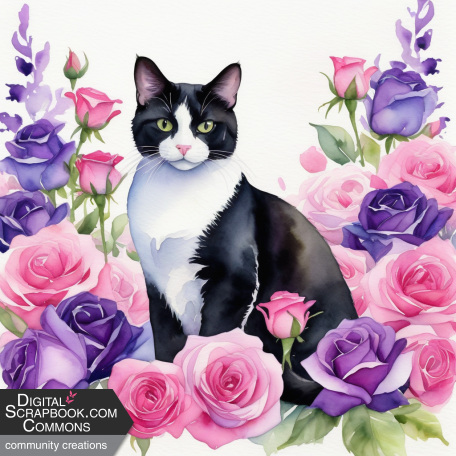 Tuxedo Cat in Roses 