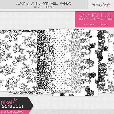 Black & White Printable Papers Kit #1 - Florals