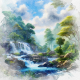 Spring watercolor waterfall